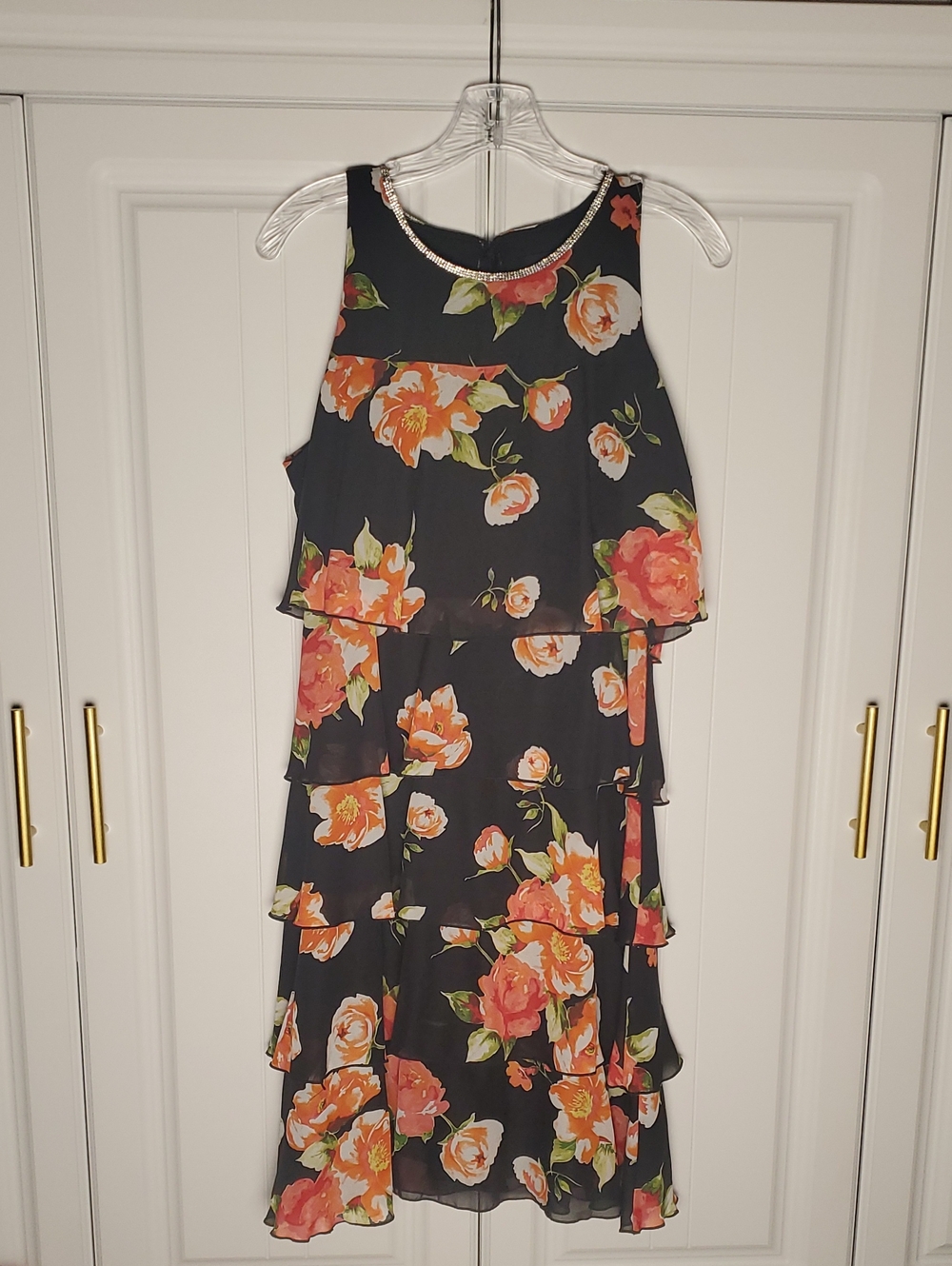 Beaded-Neckline Black Midi Dress with Orange Floral Print